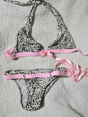VENUS Leopard Print Bikini with Pink Trim Halter Top Pink Satin Bow Belted Btm